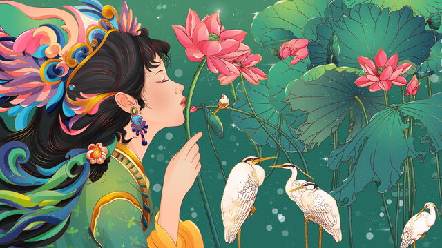 夏天花鳥插畫古風國潮荷葉女孩
