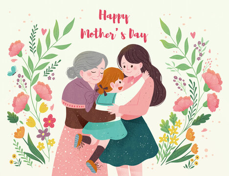 温馨母亲节卡片 奶奶妈妈与女儿深情拥抱