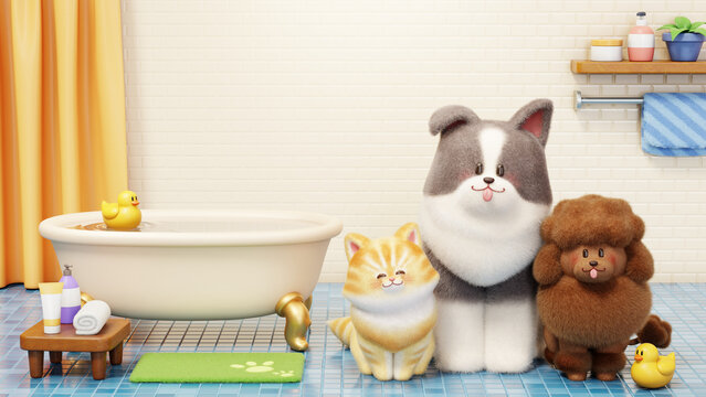 三维浴室里的可爱小狗与猫咪