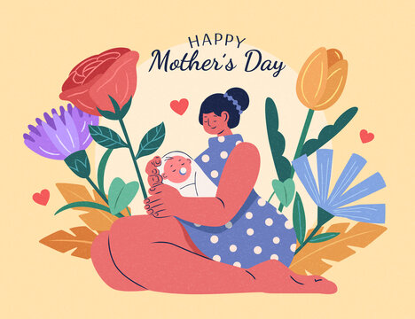 手绘母亲节卡片 花丛中的妈妈与宝宝