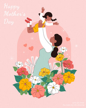 欢乐母亲节海报 花丛中玩耍的母女