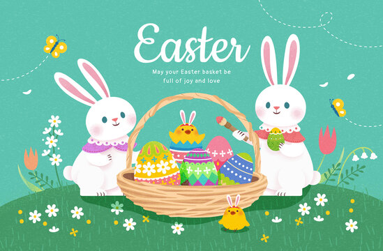 手绘风复活节兔子彩绘彩蛋插图