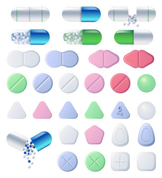 不同形状的医疗保健品药丸与胶囊素材集合