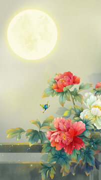 古風(fēng)月下牡丹插畫