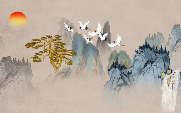 中式国潮山水壁画
