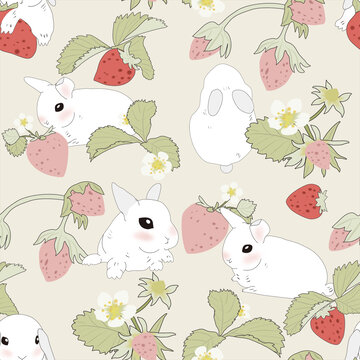 兔子的草莓心情四方连续图案
