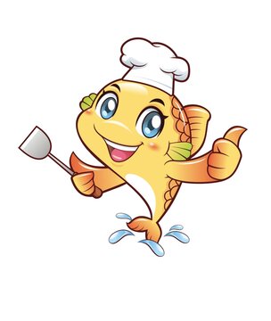 卡通可爱小鱼厨师点赞形象矢量图