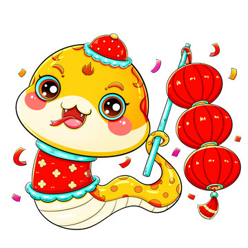 国潮春节新年卡通灯笼蛇金蛇插画