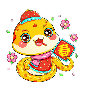 國潮春節(jié)新年卡通斗方蛇金蛇插畫