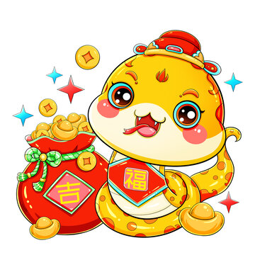 國潮春節(jié)新年卡通福袋蛇金蛇插畫