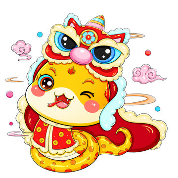 国潮春节新年卡通舞狮蛇金蛇插画