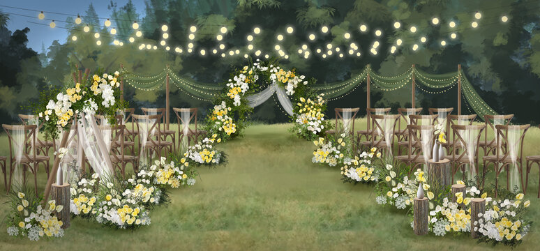 户外草坪黄绿婚礼设计图