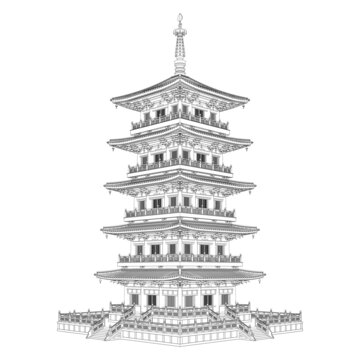 寶塔透視線稿圖