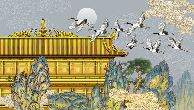 新中式樓閣山水背景墻