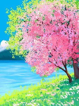 手繪湖邊樹木風(fēng)景