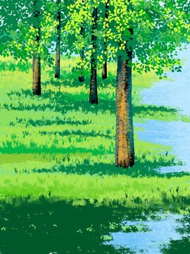 手繪湖邊自然風(fēng)景
