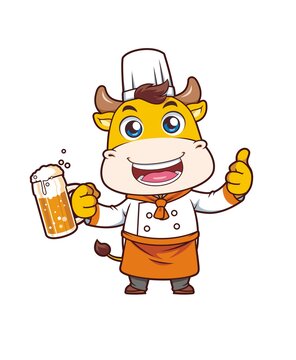 卡通可爱小牛厨师喝啤酒形象
