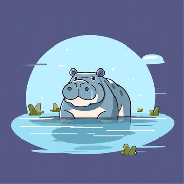 一只可爱的河马动物Q版卡通插画