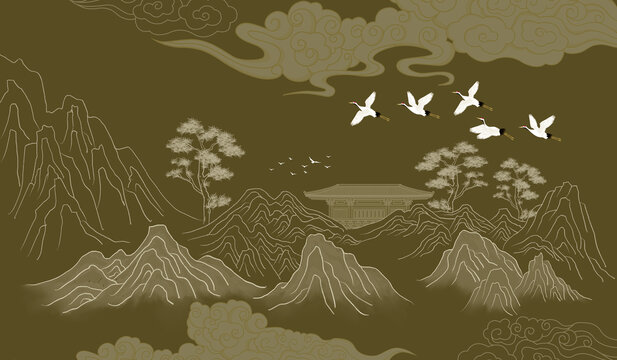 祥云山水意境壁畫