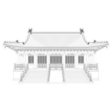 單檐彩繪歇山大殿立面線稿