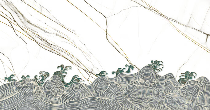 新中式海浪插畫背景