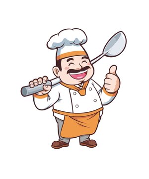 卡通中年男厨师拿大勺形象矢量图