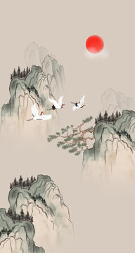 豎幅古風山水畫