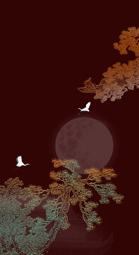 中式線玄關(guān)描山水瑞鶴圖畫