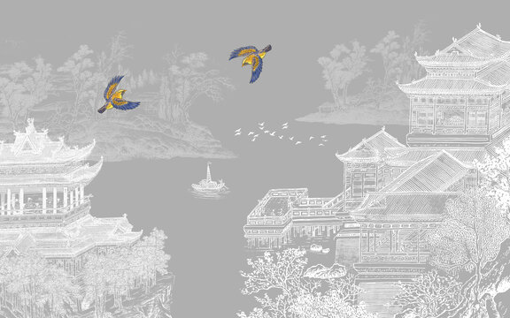 新中式山水樓閣背景墻