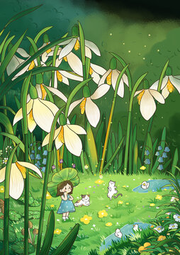 春天蘭花女孩貓咪植物小清新插畫