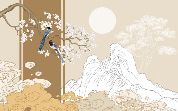高端描線山水花鳥背景墻