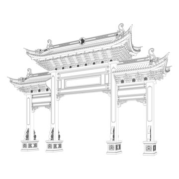 石木牌樓透視線稿圖