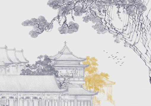新中式亭臺樓閣建筑背景墻
