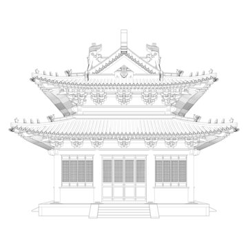 十字歇山殿亭立面線稿圖