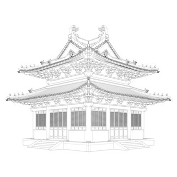 十字歇山殿亭透視線稿圖