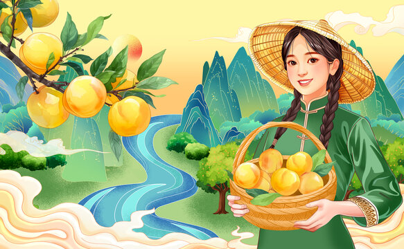 黃桃國(guó)潮國(guó)風(fēng)包裝禮盒插畫