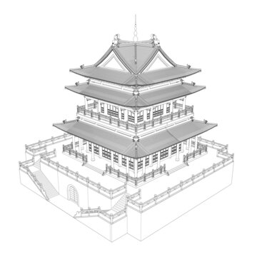 十字歇山樓閣鳥瞰線稿