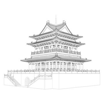 十字歇山樓閣透視線稿