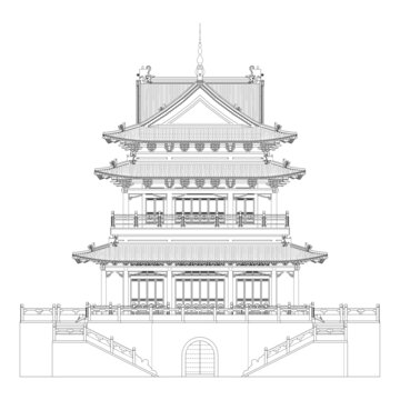 十字歇山樓閣正立面線稿