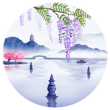 紫藤花古風(fēng)山水