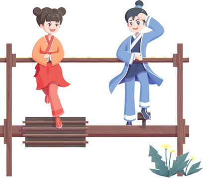 踩水車的古裝男孩女孩免摳元素