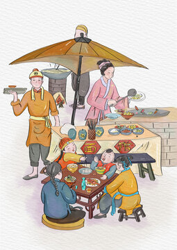 古风水彩传统面食馆小摊插画设计