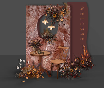 美式復(fù)古紅棕色入口小景桌椅花藝