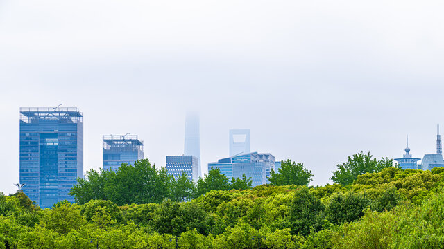 湖面和城市天际线特写