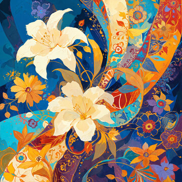 抽象花卉油畫插畫佩斯利風(fēng)格