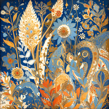 抽象花卉油画插画佩斯利风格