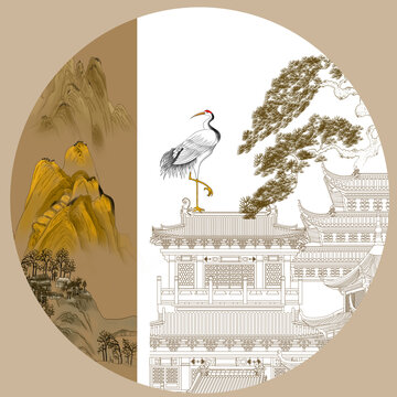 新中式手繪古建筑