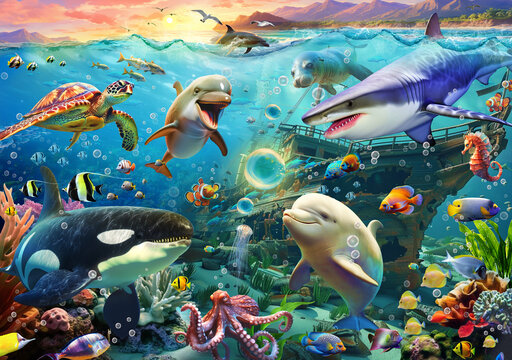 写实海底世界海洋动物沉船