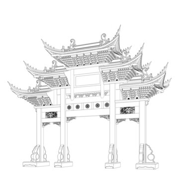 牌樓牌坊透視線稿圖