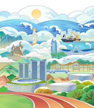 海南三亞建筑插畫
